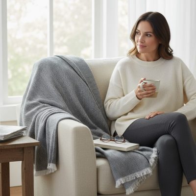 Herringbone throw on natural chair with woman alpaca merino wool