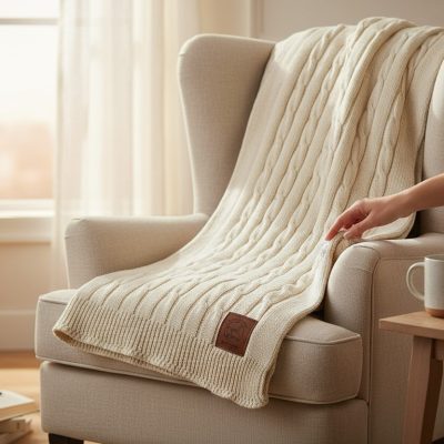 Cable throw natural chair alpaca merino wool cotton